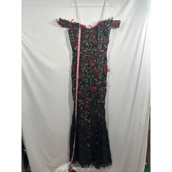 NEW $1095 Marchesa Notte [ 6 ] Guipure Lace Off Shoulder Gown Red Black #J2150 - Picture 7 of 16